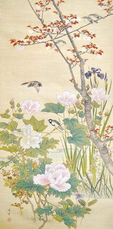 八木奇峰《四季花鳥図》 1幅 絹本著色 明治時代 個人蔵